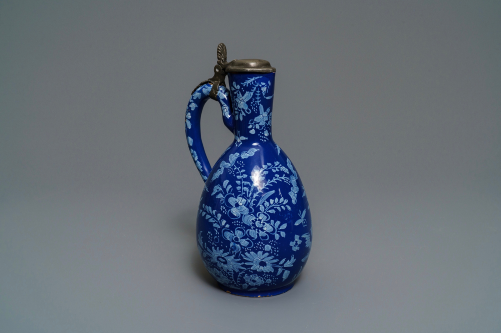 A rare Dutch Delft 'Persian blue' pewter-mounted jug, 17/18th C.